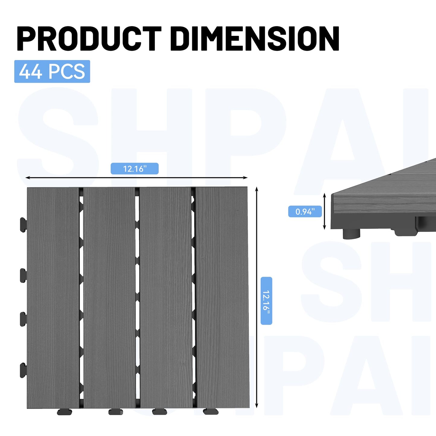 44 Pcs Interlocking Deck Tiles, 12" x 12" HDPE Outdoor Flooring