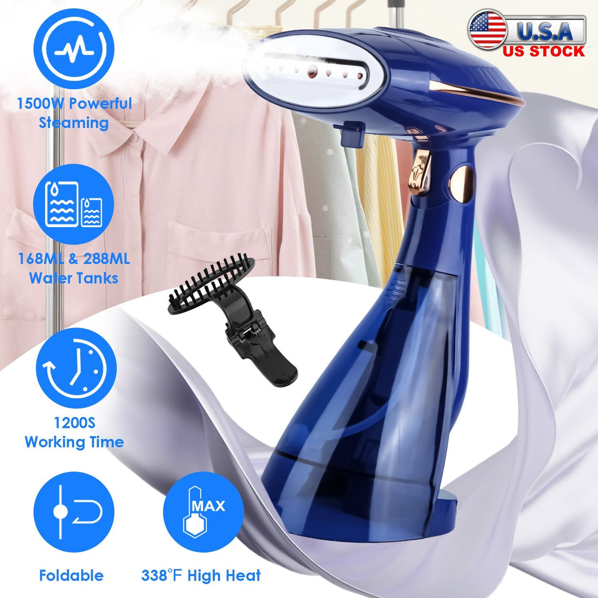 1500W 2 In 1 Foldable Garment Steamer Handheld Fabric Wrinkle Remover with 168ML & 288ML Water Tanks For Flat Hanging Ironing