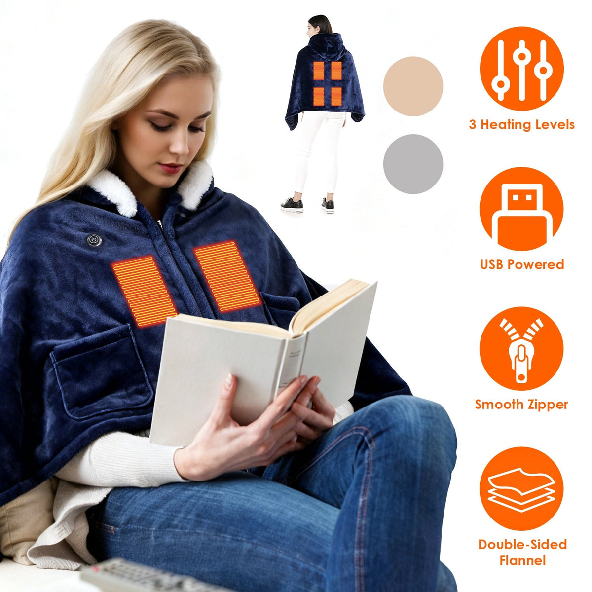 Wearable Heated Blanket with 8 Heating Zones and 3 Temp Levels