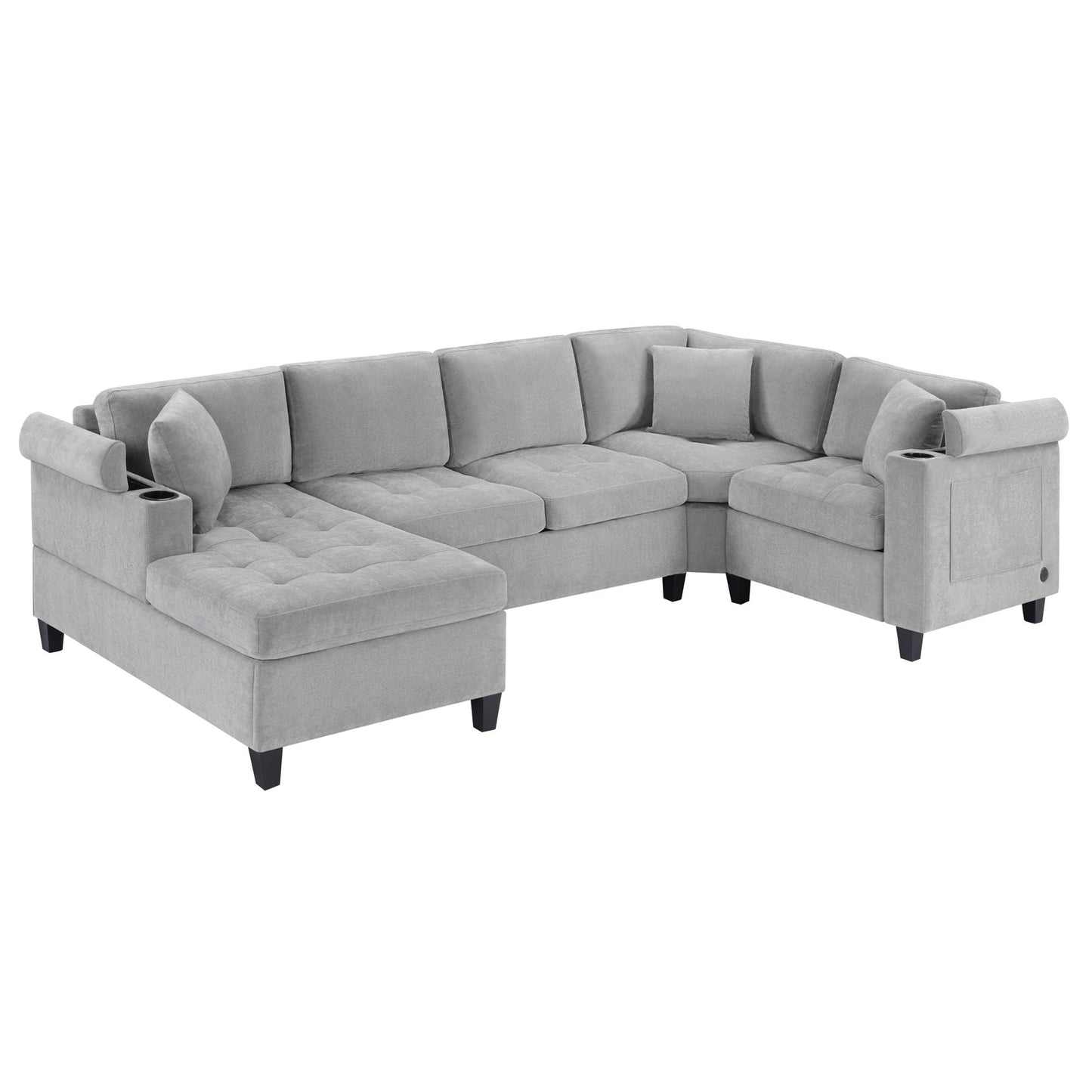 U Shaped Sectional Sofa, Corner Living Room Couch With Built In Cup Holders, Storage, USB Ports