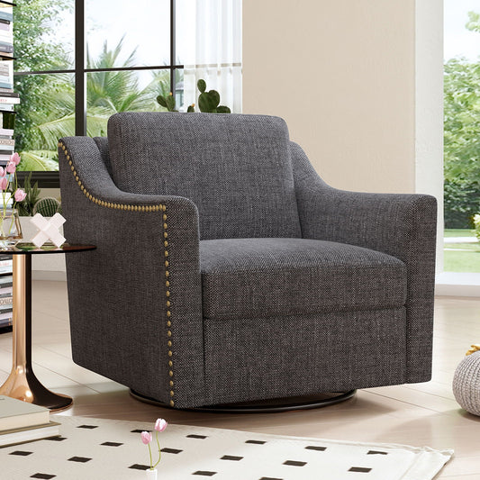 360 Degree Swivel Armchair, Skin Friendly Fabric, Ergonomic Design, Brass Nail Decorative Armchair