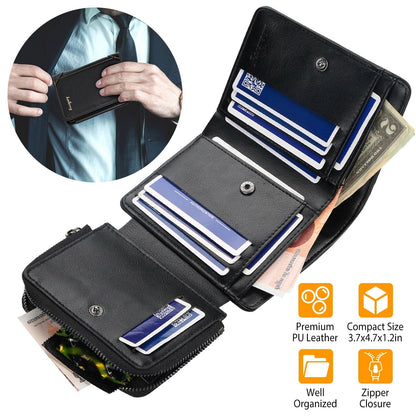 MenÕs Leather Wallet ID Card Holder Purse Trifold Clutch Money Zipper with ID Window_x000B__x000B_14 Credit Card 1 ID Card