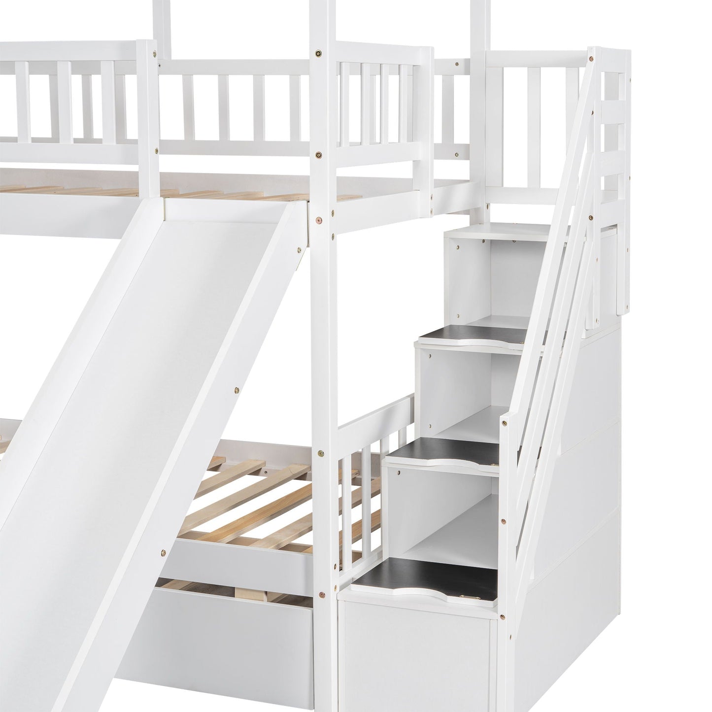 House Bunk Bed With Trundle, Storage Staircase, Roof And Window Design