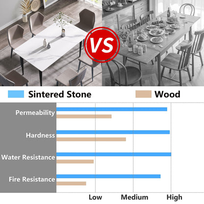 63" Modern Artificial Stone White Straight Edge Black Metal Leg Dining Table, 6 People - White / Black