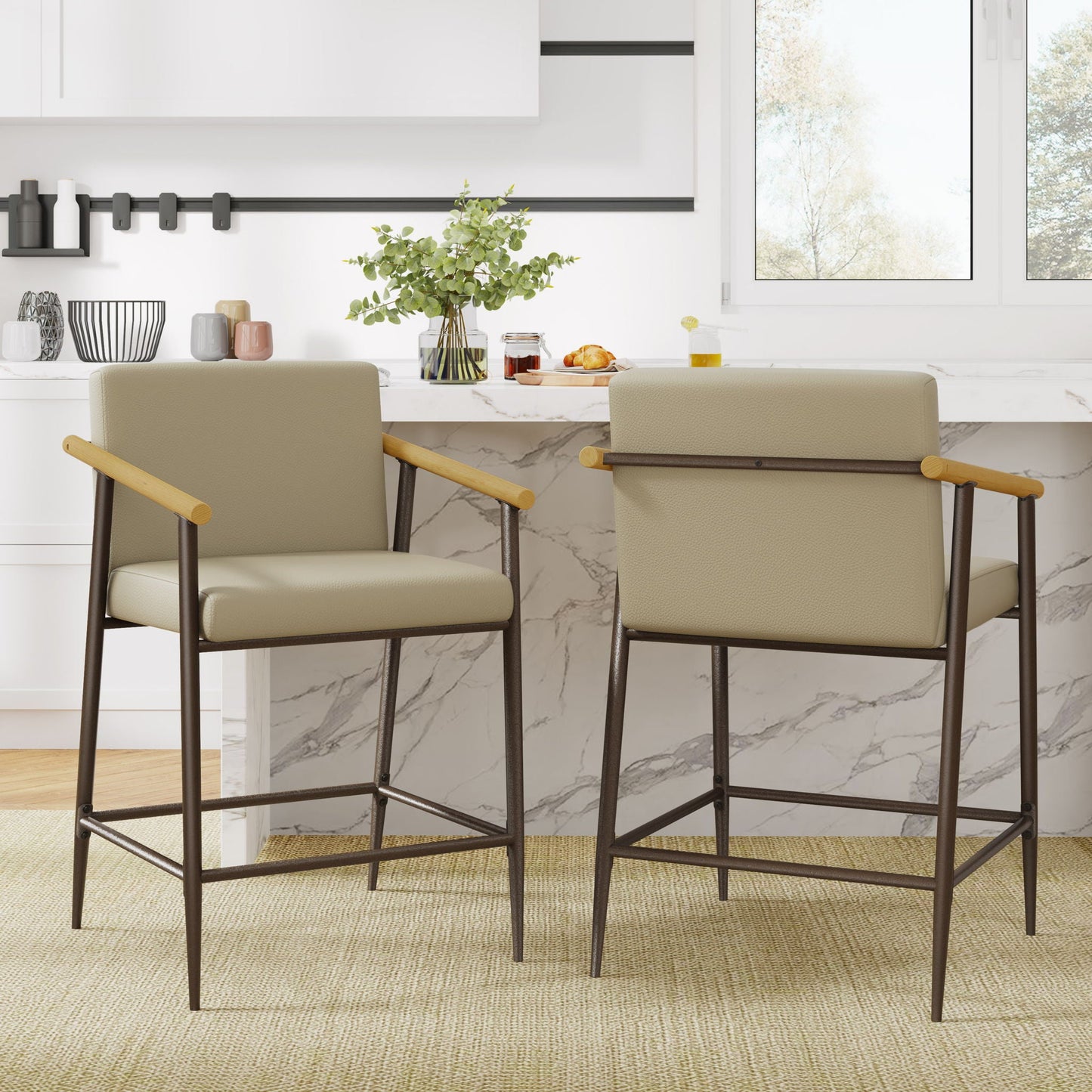 Mid Century Modern Counter Stool Set with Espresso Metal Frame - Khaki