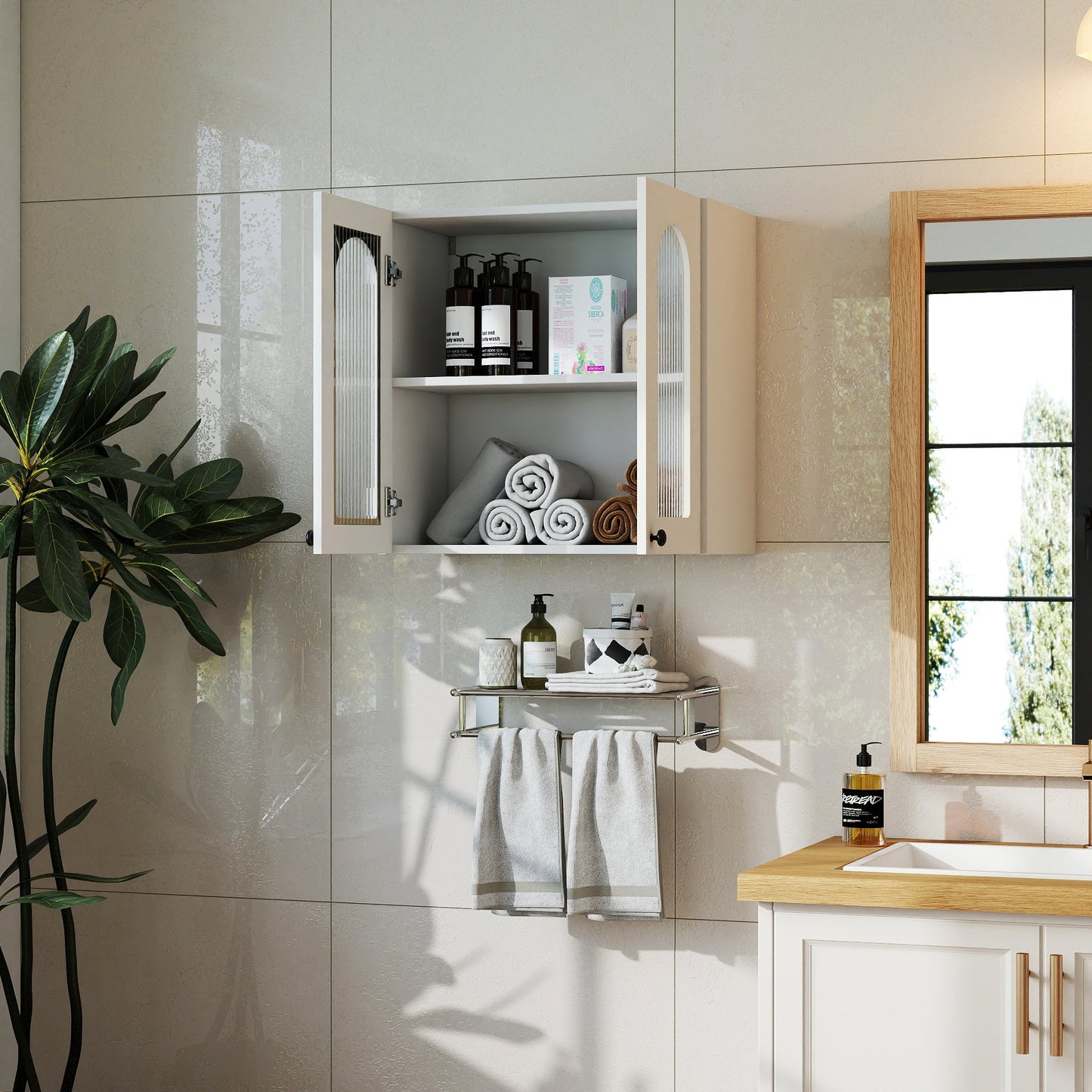 Wall Cabinet with Arched Glass Door and Adjustable Shelves