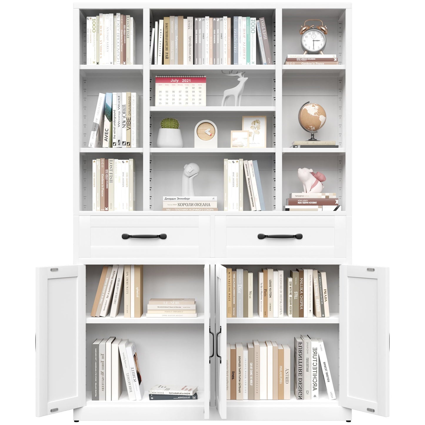 Industrial Bookcase Tall With Adjustable Shelves, Drawers & Doors