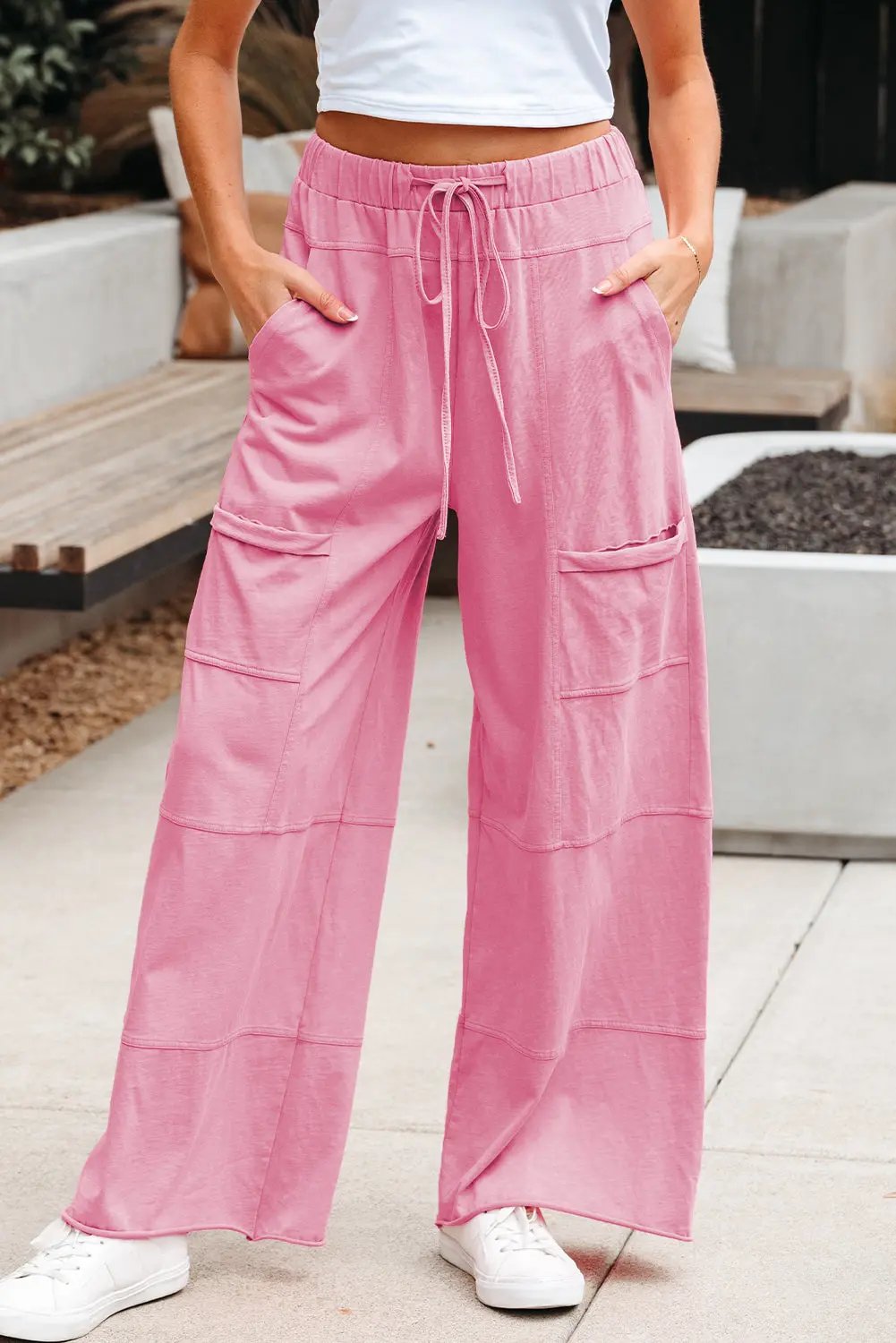 Love Salve Mineral Wash Pink Cargo Pants Women's Casual Wide Leg + Drawstring