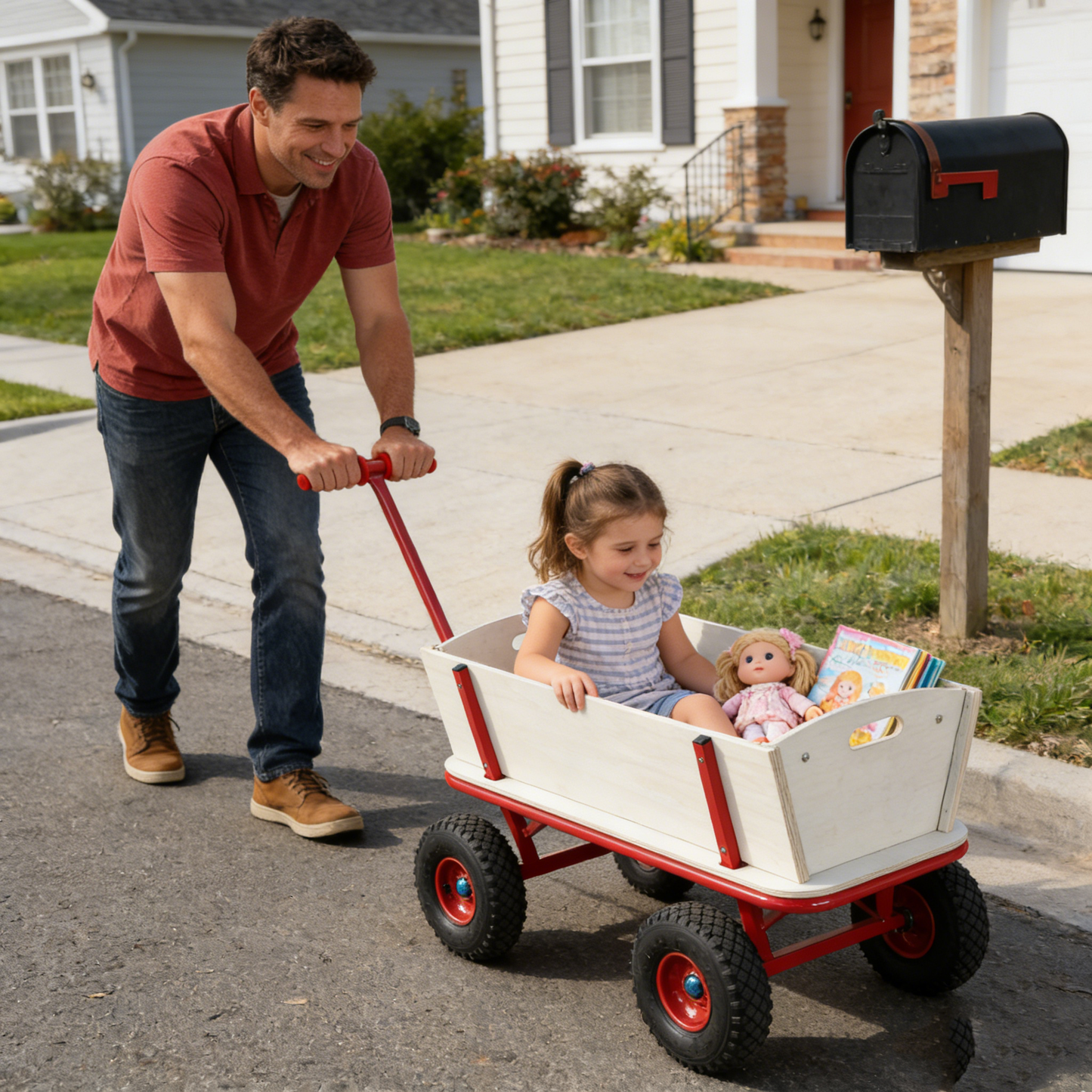 Wooden Children's Outdoor Stroller with Four-Wheel Design
