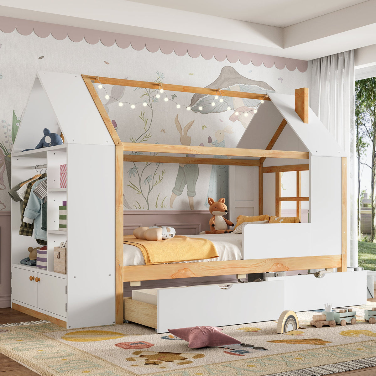 Twin Size House Platform Bed with Drawers, Solid Wood House Bed with Shelves