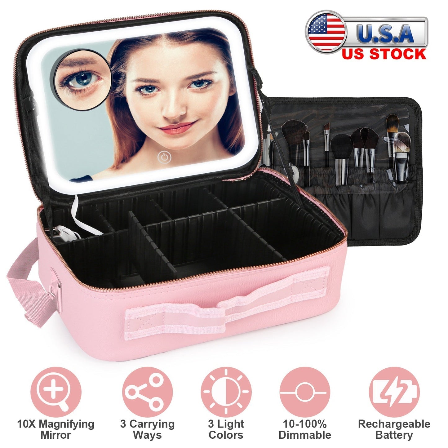 Travel Makeup Bag with LED Mirror Makeup Case Organizer with 3 Light Colors Adjustable Dividers Brush Holder Magnifying Mirror Shoulder Strap Luggage