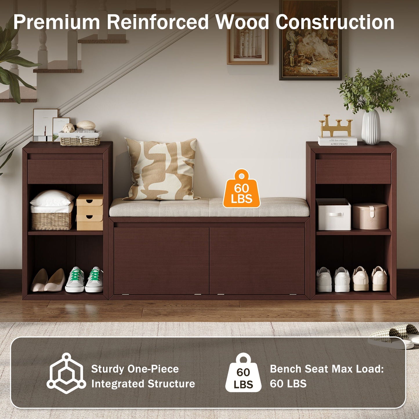 Entryway Storage Bench With Cushion, Drawers & Open Shelves