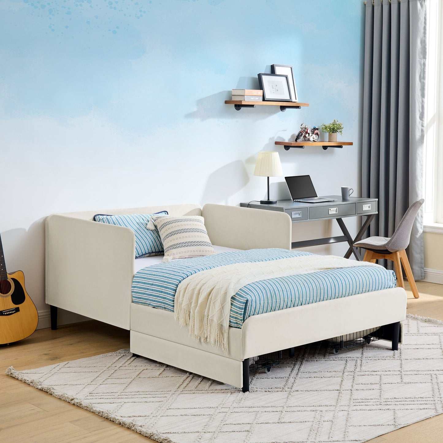 Upholstered Platform Bed Frame With 2 Storage Drawers And Adjustable Sofa Bed