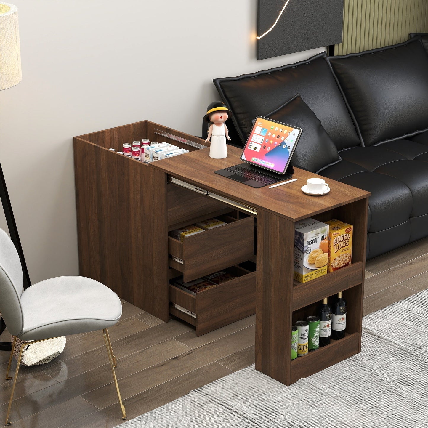 Computer Desk with Drawers, Modern Corner Home Office Storage with Extendable Table