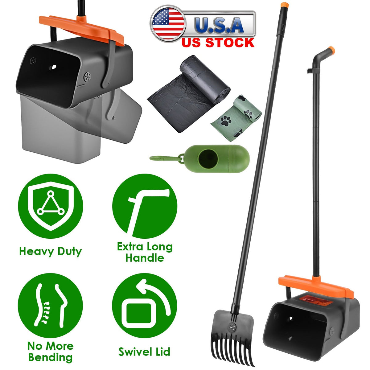 Pooper Scooper Kit Dog Poop Rake & Swiveling Bin Poop Heavy Duty Pick Up Tool with Extra Long Handle 35 Waste Bags Dispenser