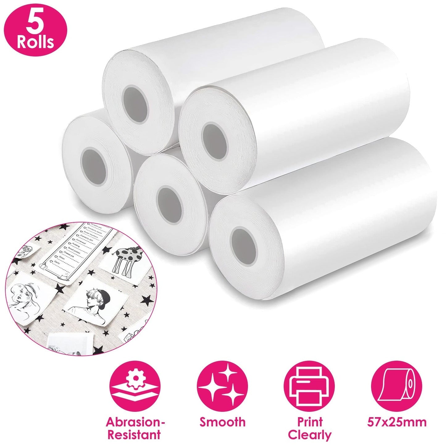 5 Rolls Regular Printer Paper Plate Mini Thermal Printing Paper White Mini Printer Photo Paper Fit for Wireless Thermal Mini Printer 57x25mm