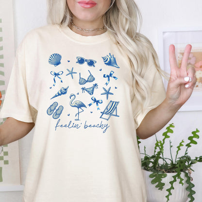 Beach Graphic Tee – Blue Beach Icons, Relaxed Unisex Fit Summer Shirt