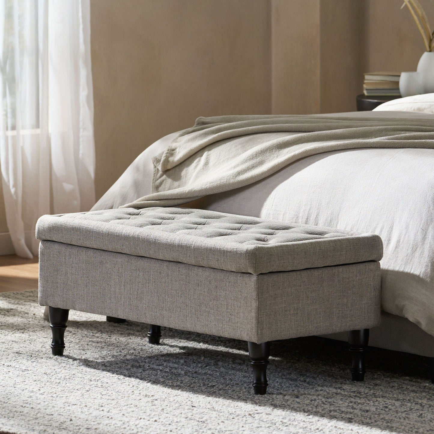 Dean Fabric Storage Wide Tufted Rectangle Ottoman - Gray