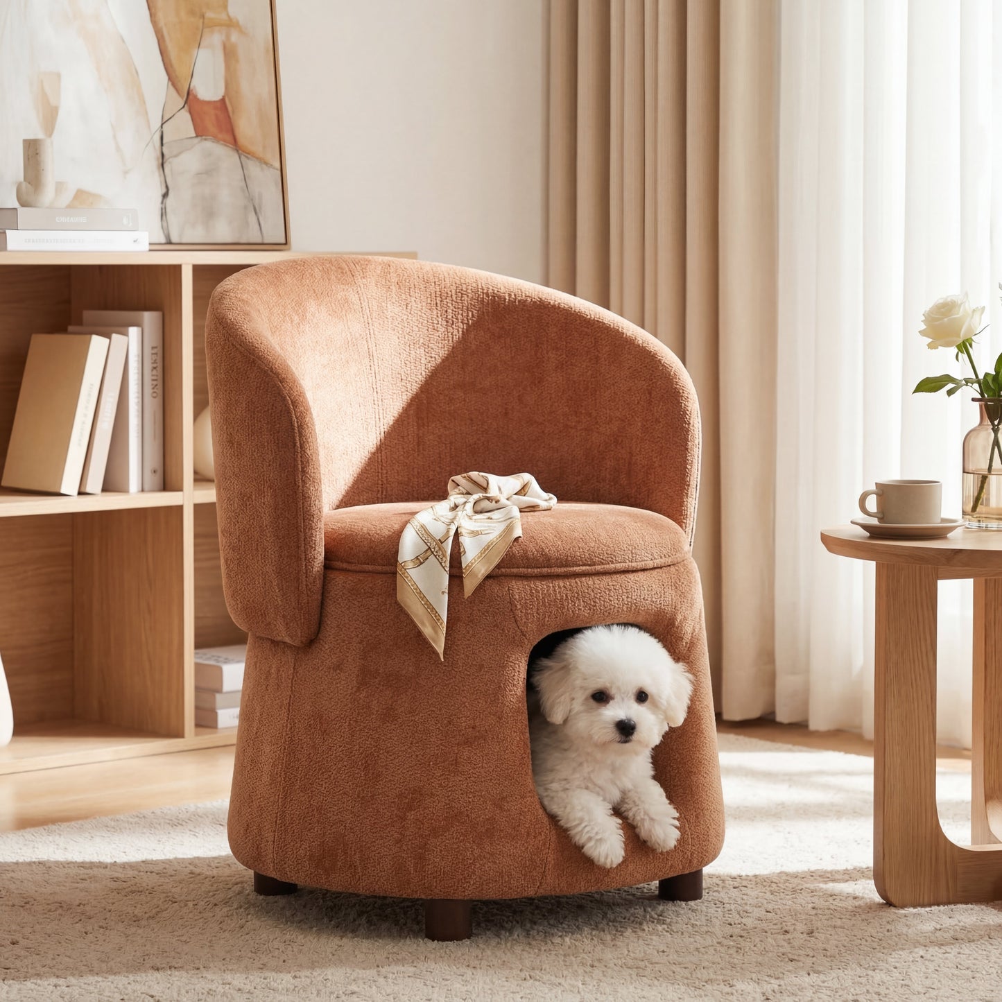 Orange Pet Friendly Chair with Hidden Pet Nook, Convertible Stool, and Storage Seat