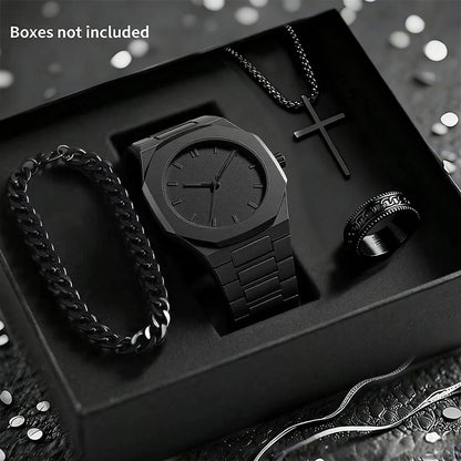 Mens Quartz Watch Necklace Bracelet Set