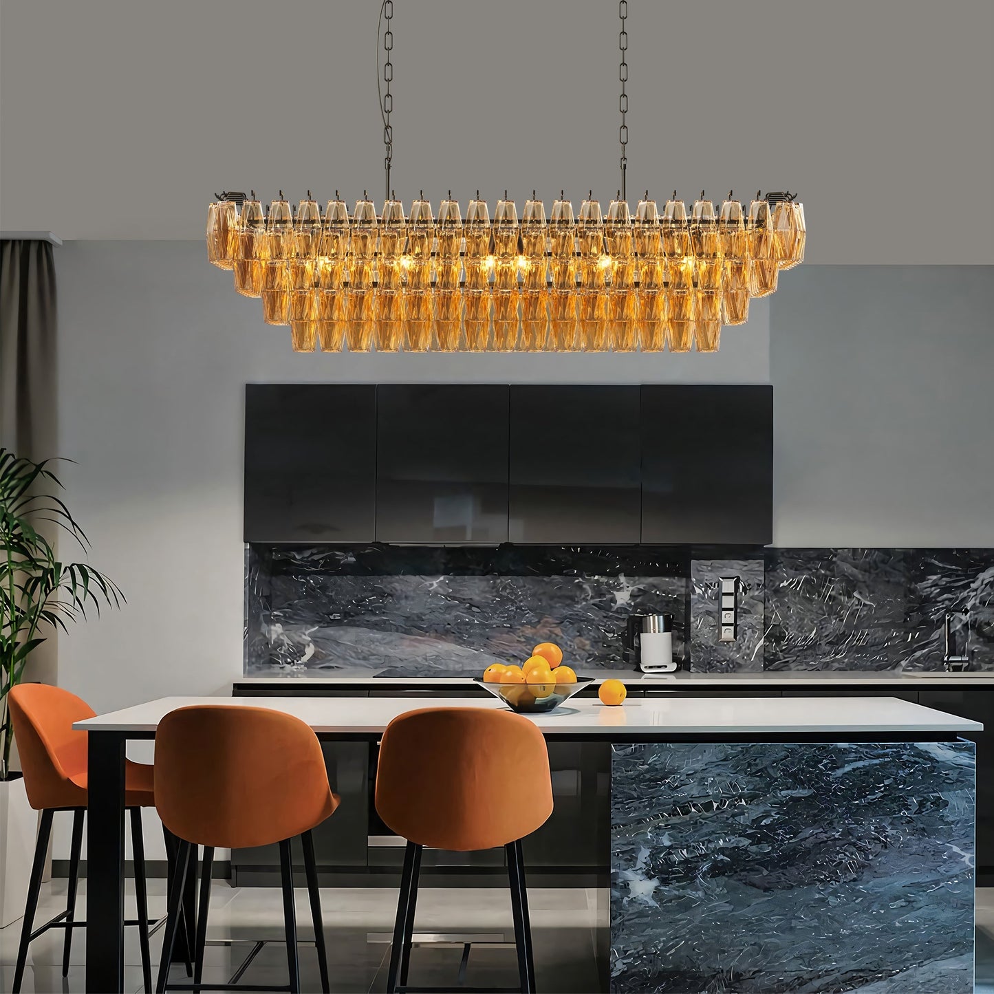 54-Inch Black Rectangular 12-Light Smoke Glass Chandelier