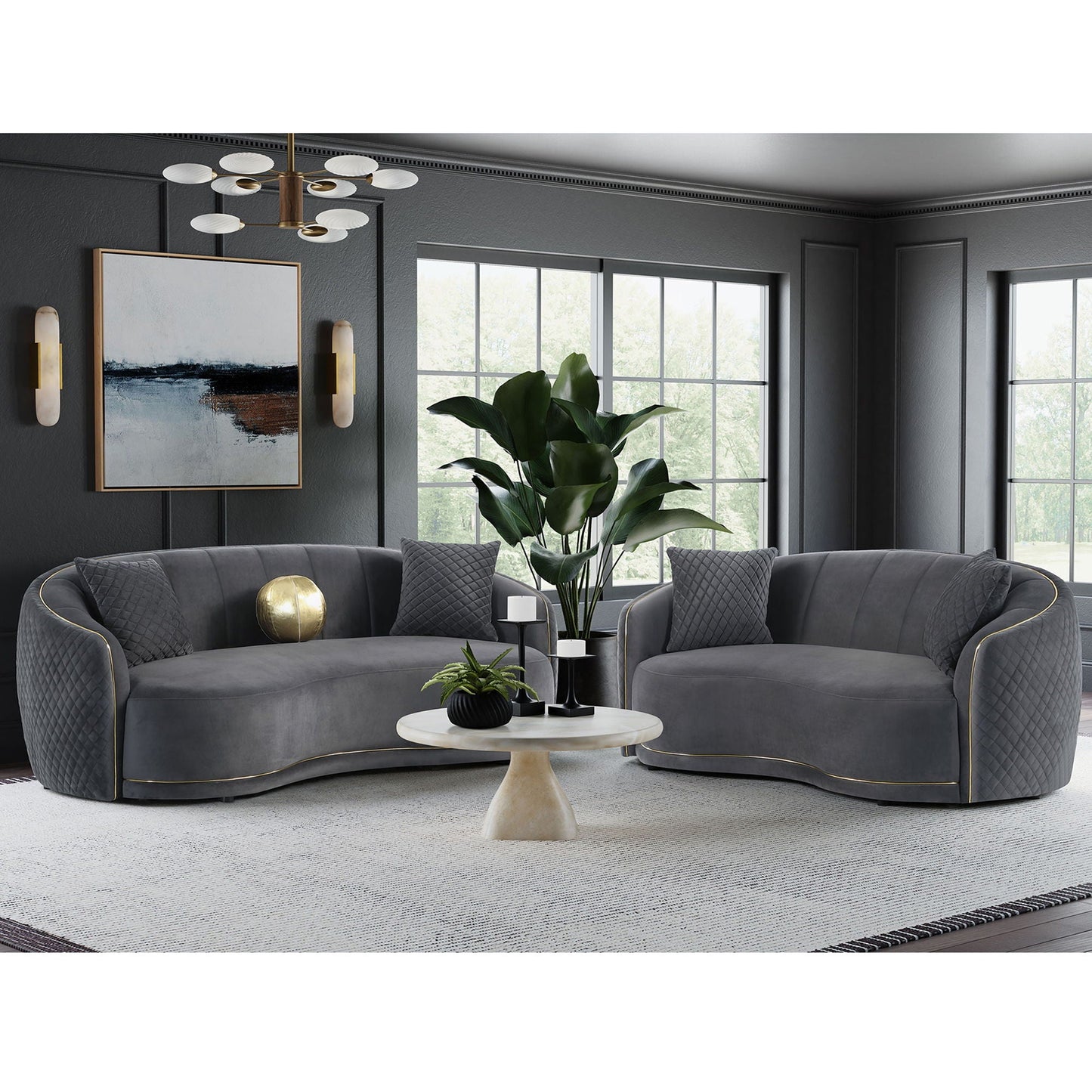 Luxe Upholstered Curved Sofa With Trim And Diamond Quilting - Dark Gray