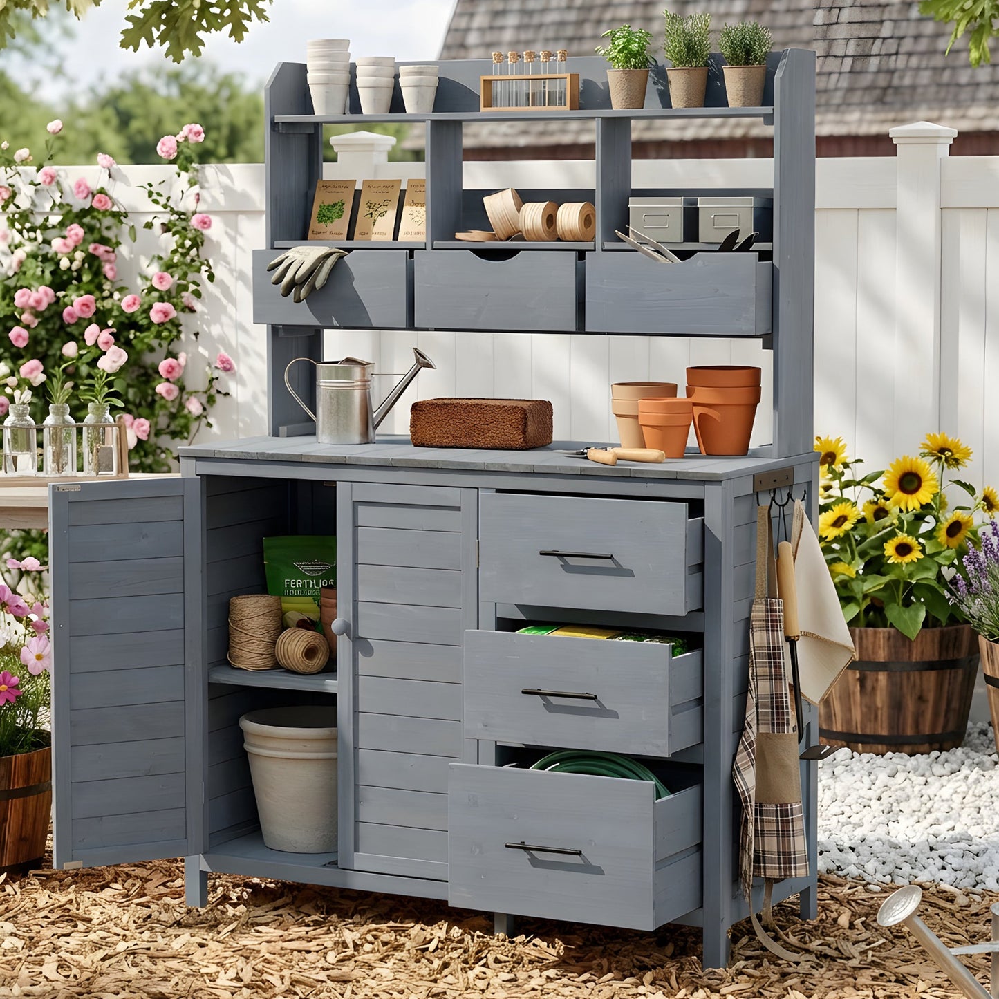 TOPMAX Farmhouse Patio Potting Bench with Storage and Workstation