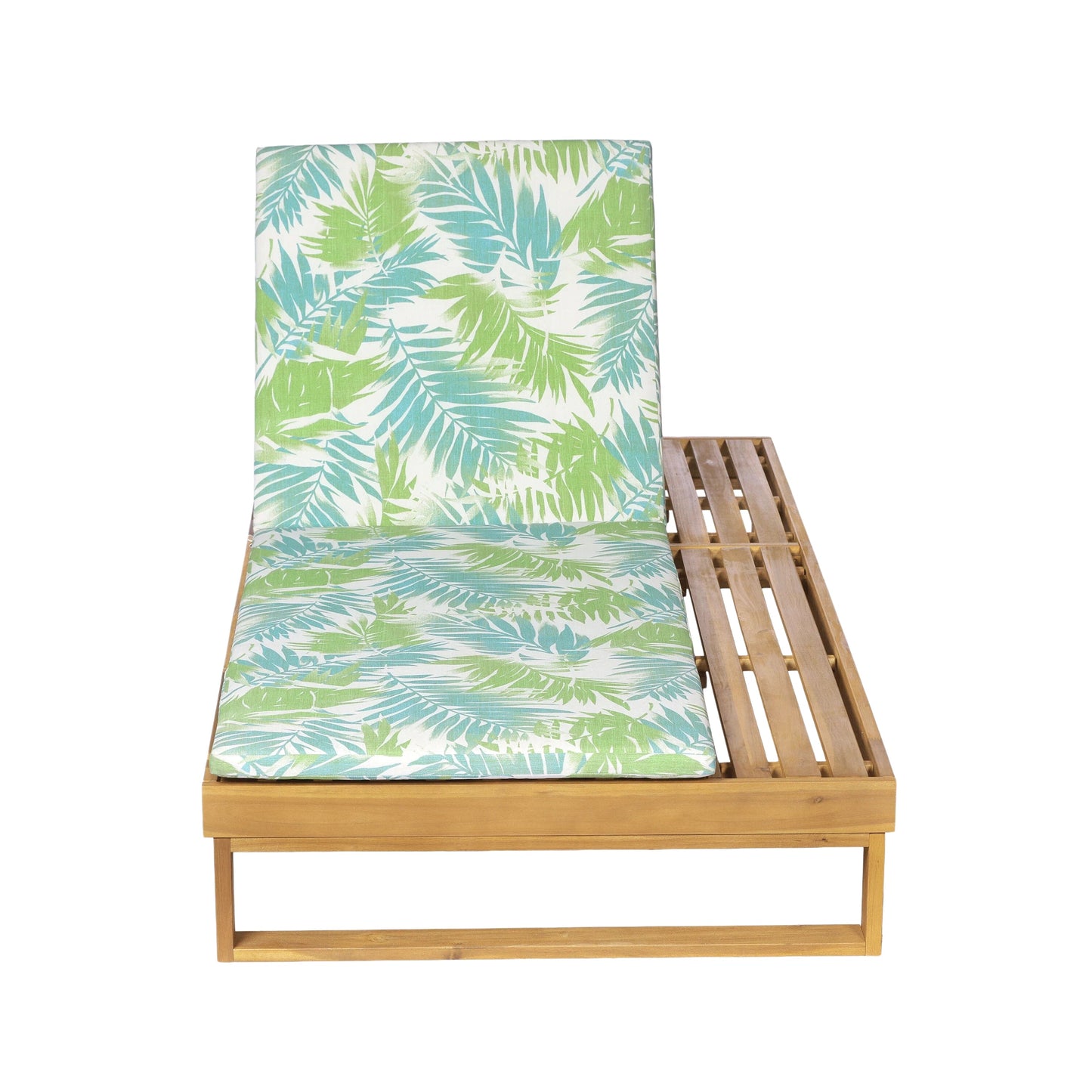 Teak Finish Acacia Wood Chaise Lounge with Leaf Coconut Cushion