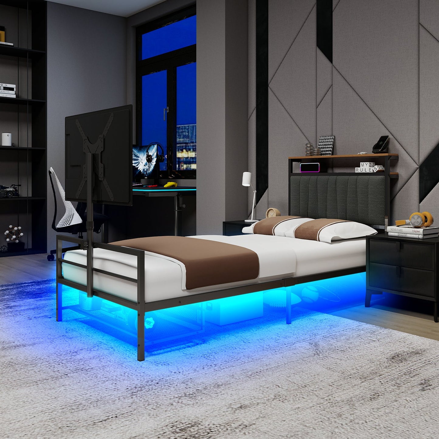Twin Size Gaming Bed with Rotating TV Mount and LED Lighting
