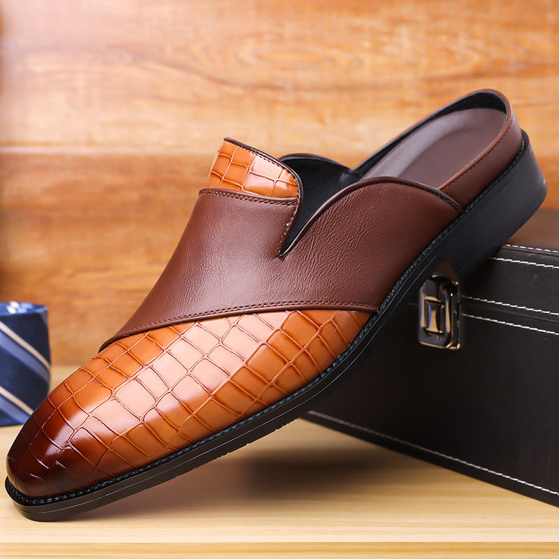 Mens Pointed-toe Leather Half-slippers Without A Heel For Outdoor Wear