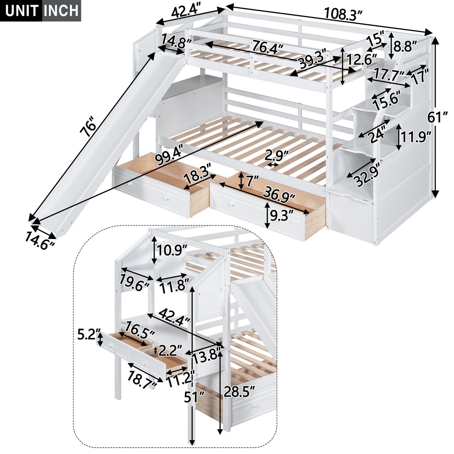 Bunk Bed With Storage Staircase, Slide, Desk, Drawers, And Shelves