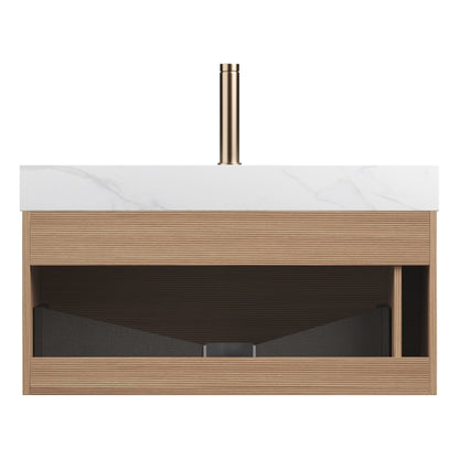 Nyah 36'' Bathroom Vanity & Sink, Floating Ultra-Slim Grille Plywood Cabinet, Drawer with Sensor Light, Carrara