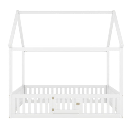 Wood House Bed With Fence And Door