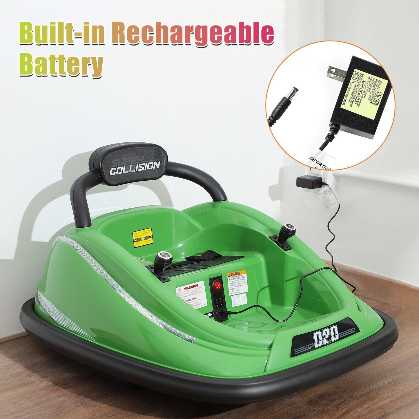 360° Spin Electric Bumper Car for Kids & Toddlers with Remote Control - Green, 12V, 2 Modes