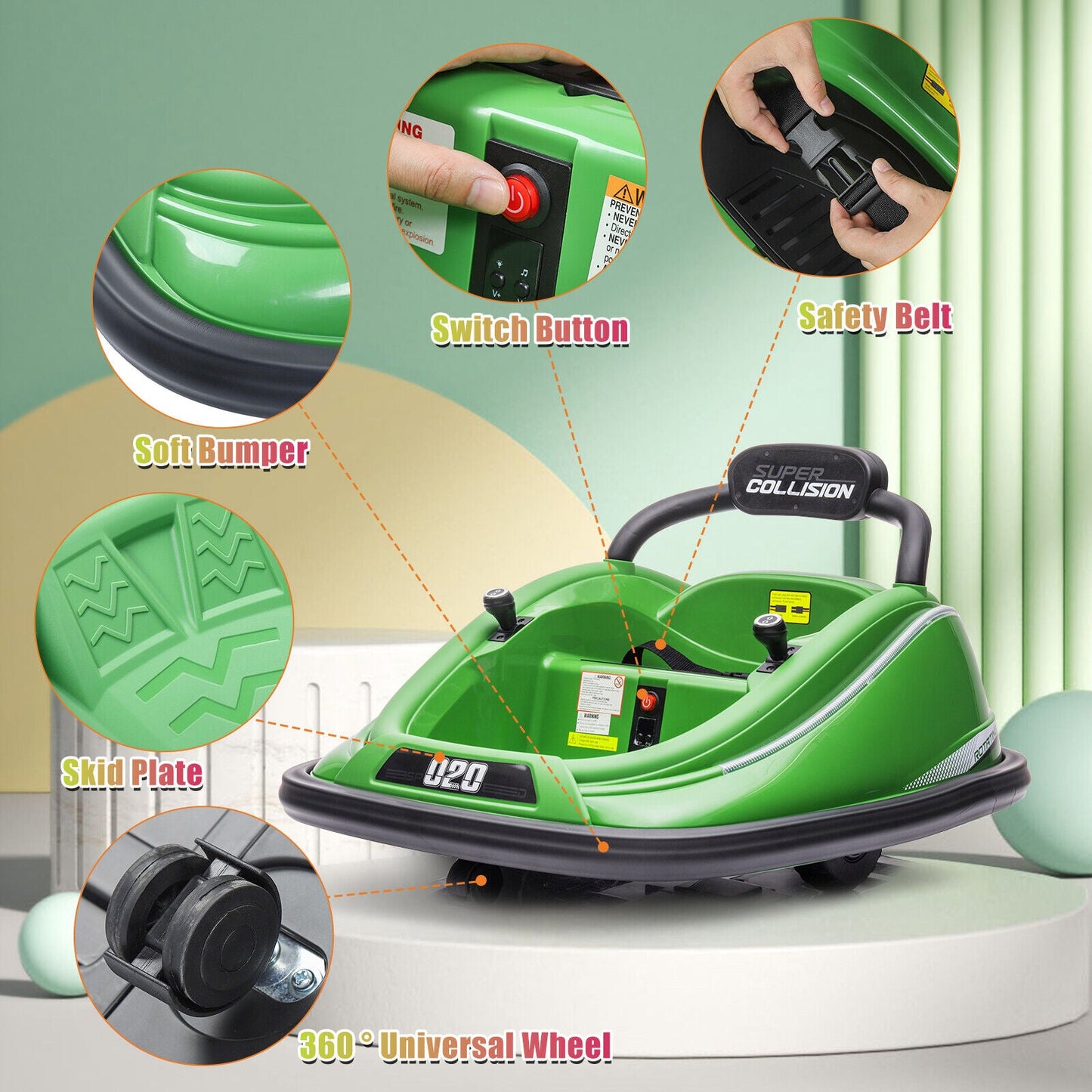 360° Rotating Kids Bumper Car with Twin Motors and Parental Remote Control - 12V