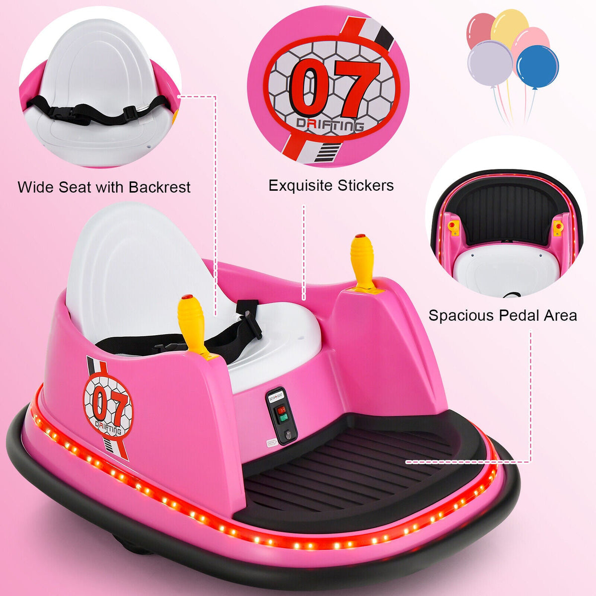 360° Spin Race Bumper Car 12V Toy with Remote Control - Pink