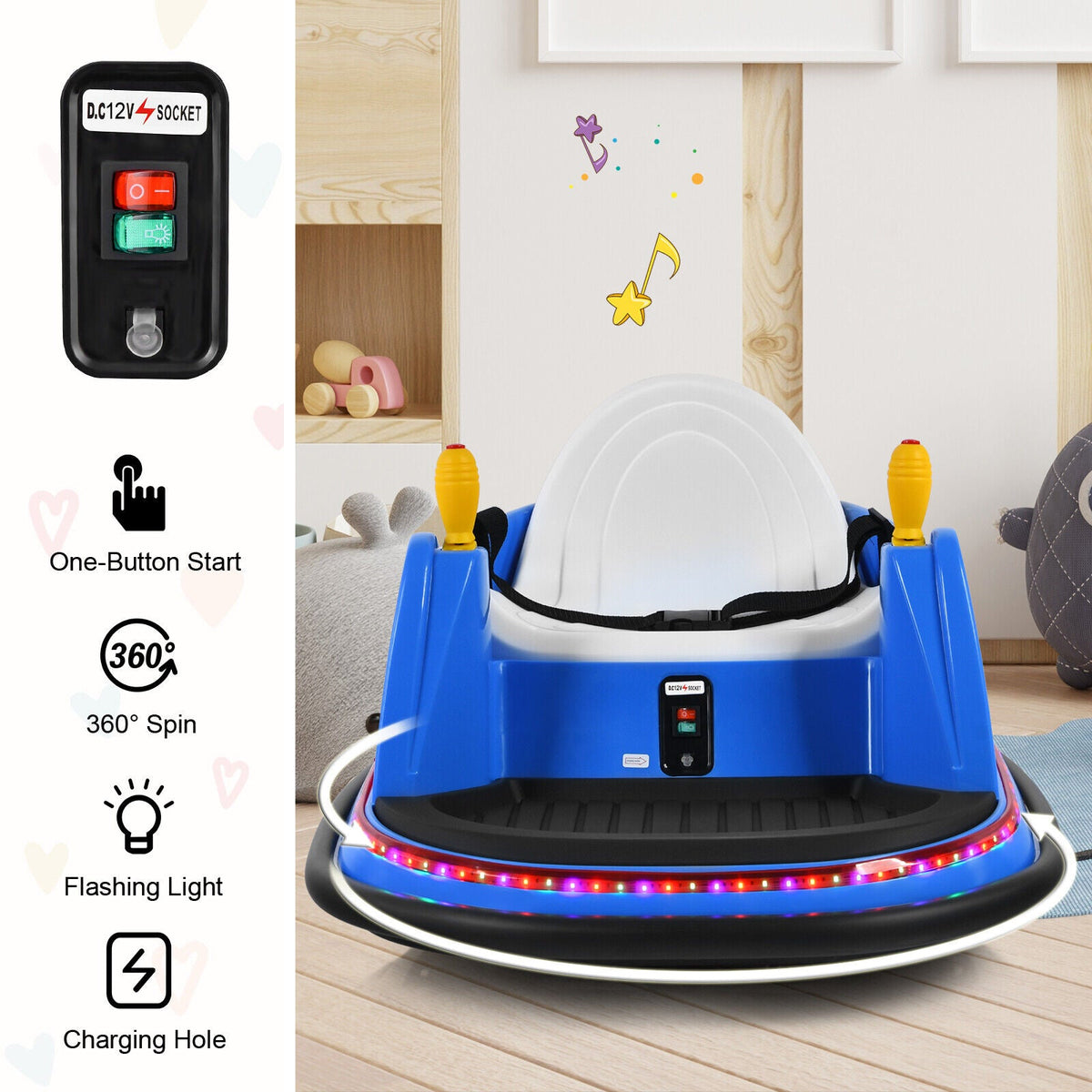 360° Spin Race Bumper Car Ride-On Toy for Kids with Remote Control - 12V Vehicle