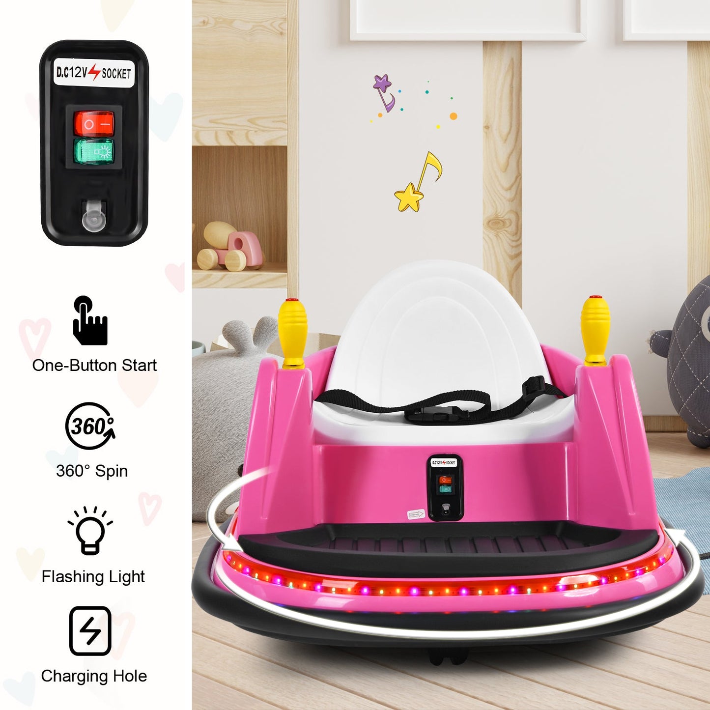 360° Spin Race Bumper Car Ride-On Toy for Kids with Remote Control - 12V Vehicle