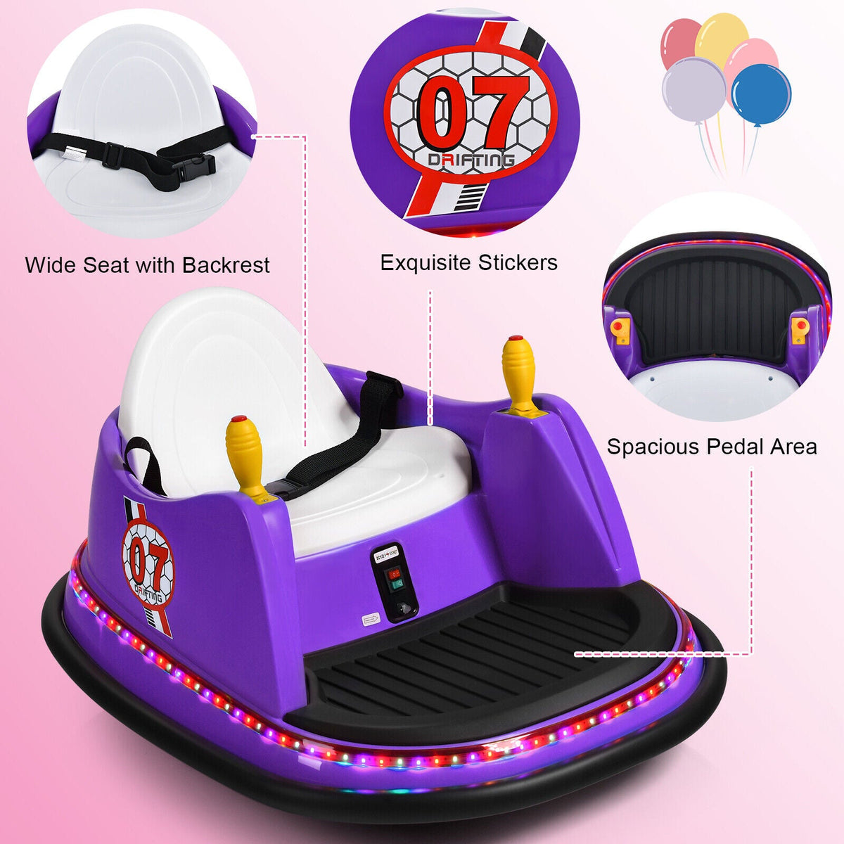 360° Spin Race Bumper Car Toy with Remote Control - 12V Purple Vehicle for Kids