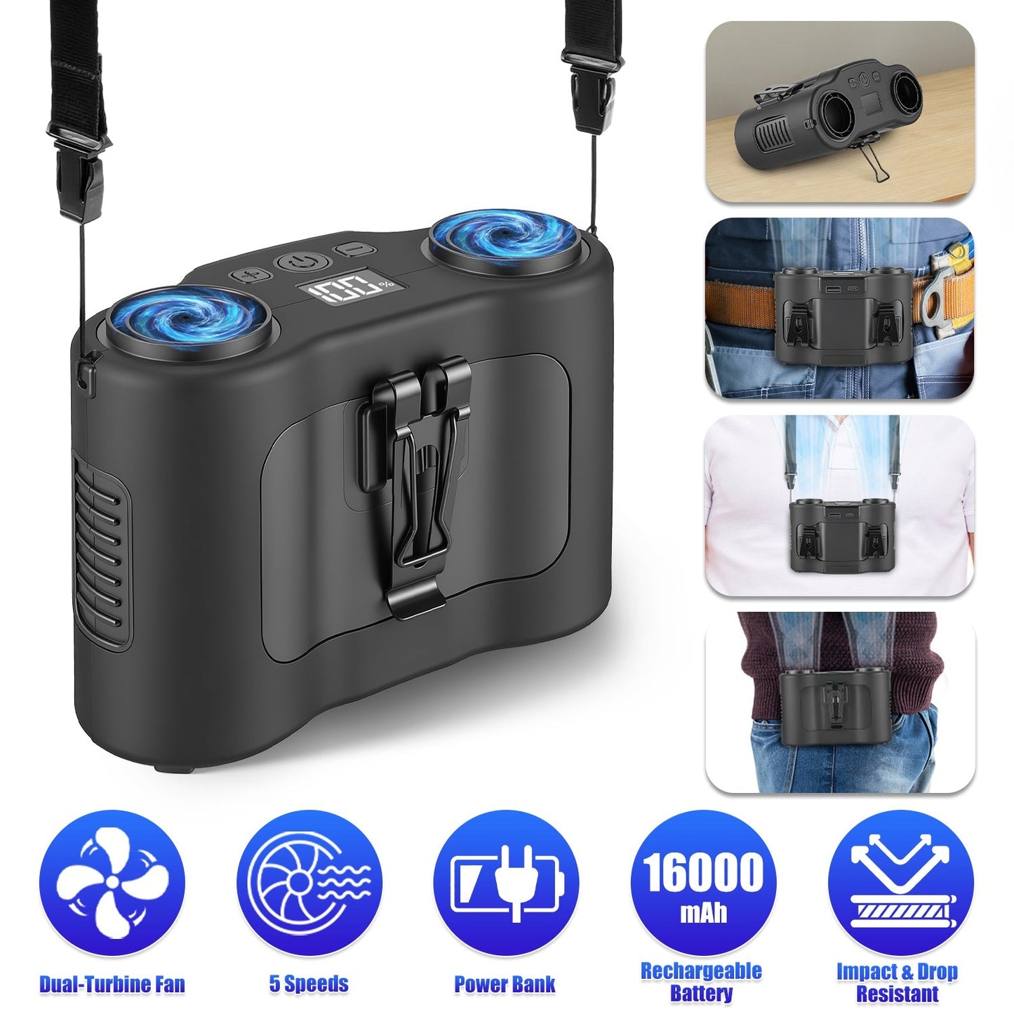 Wearable Waist Fan with 16000mAh Power Bank & Dual Turbines