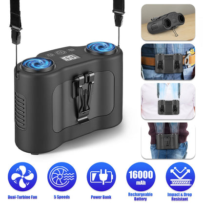 Wearable Waist Fan with 16000mAh Power Bank & Dual Turbines