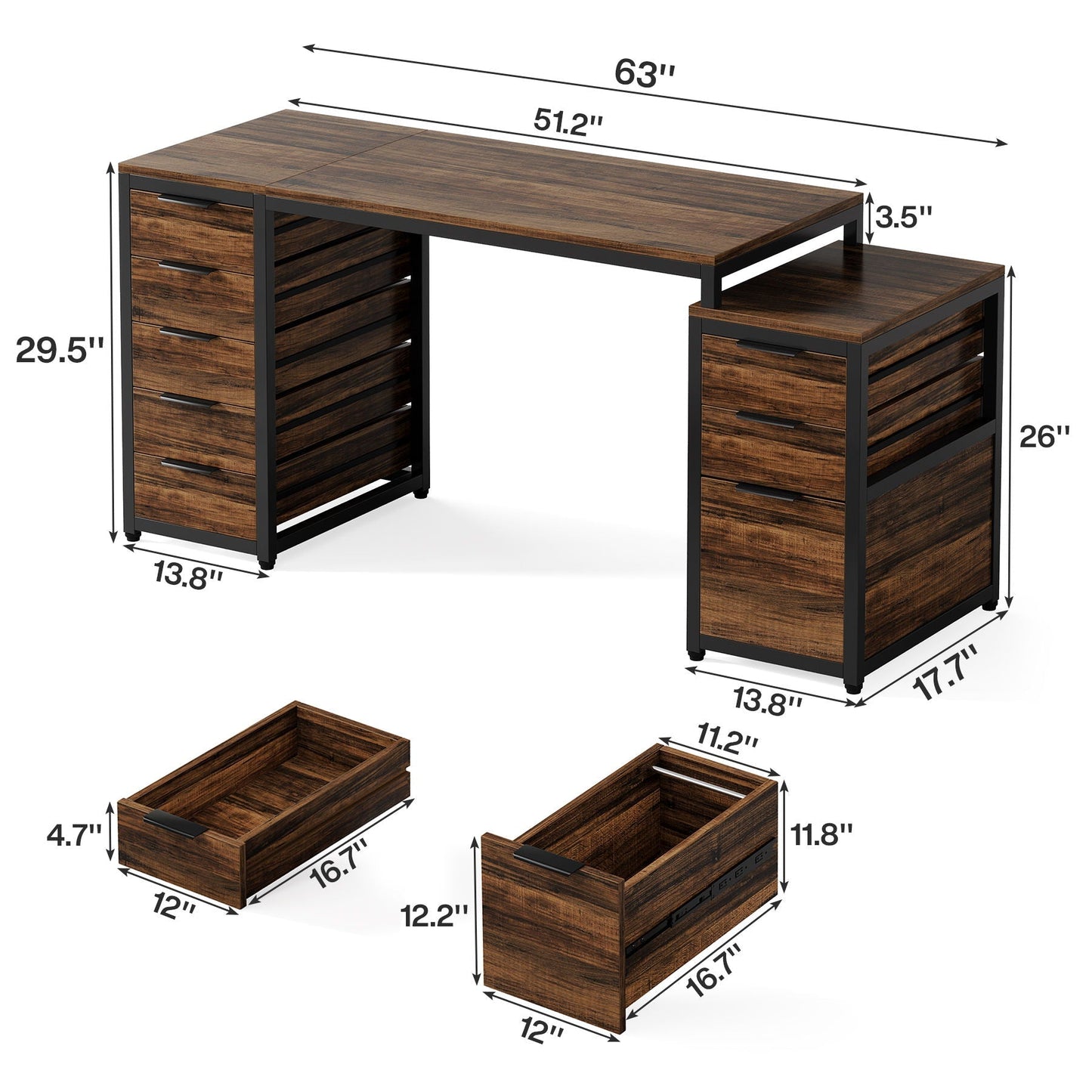 Computer Desk With 8 Drawers And Reversible File Cabinet