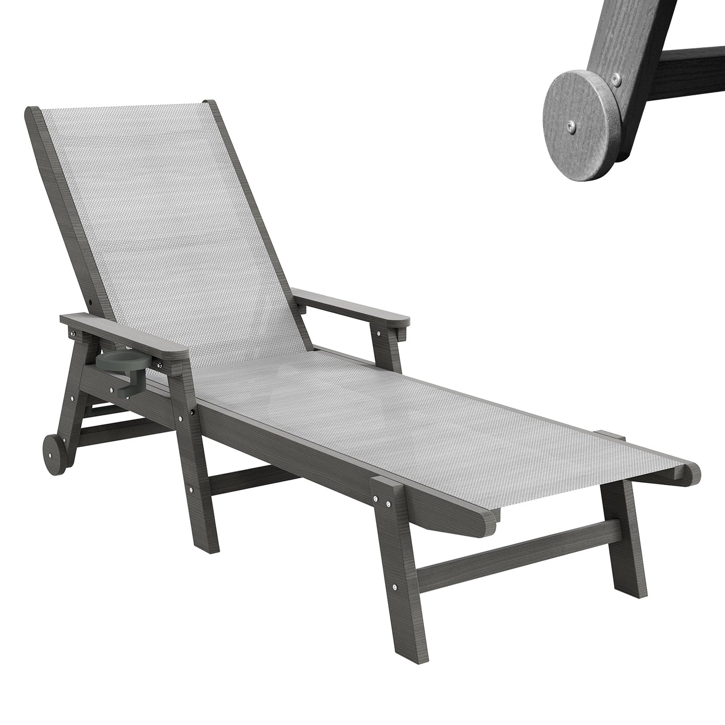 Lounge Chair Outdoor, HDPE Chaise Lounge with Wheels and 5-Position Recliner