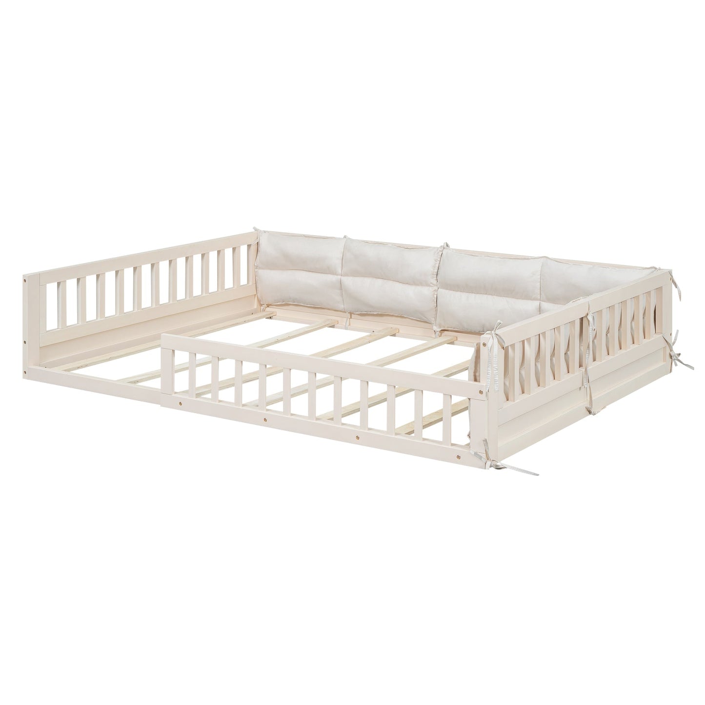 Wood Full Size Upholstered Platform Bed with Guardrail and Pillow