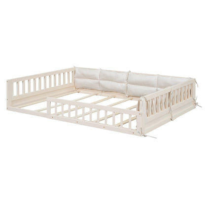 Wood Full Size Upholstered Platform Bed with Guardrail and Pillow