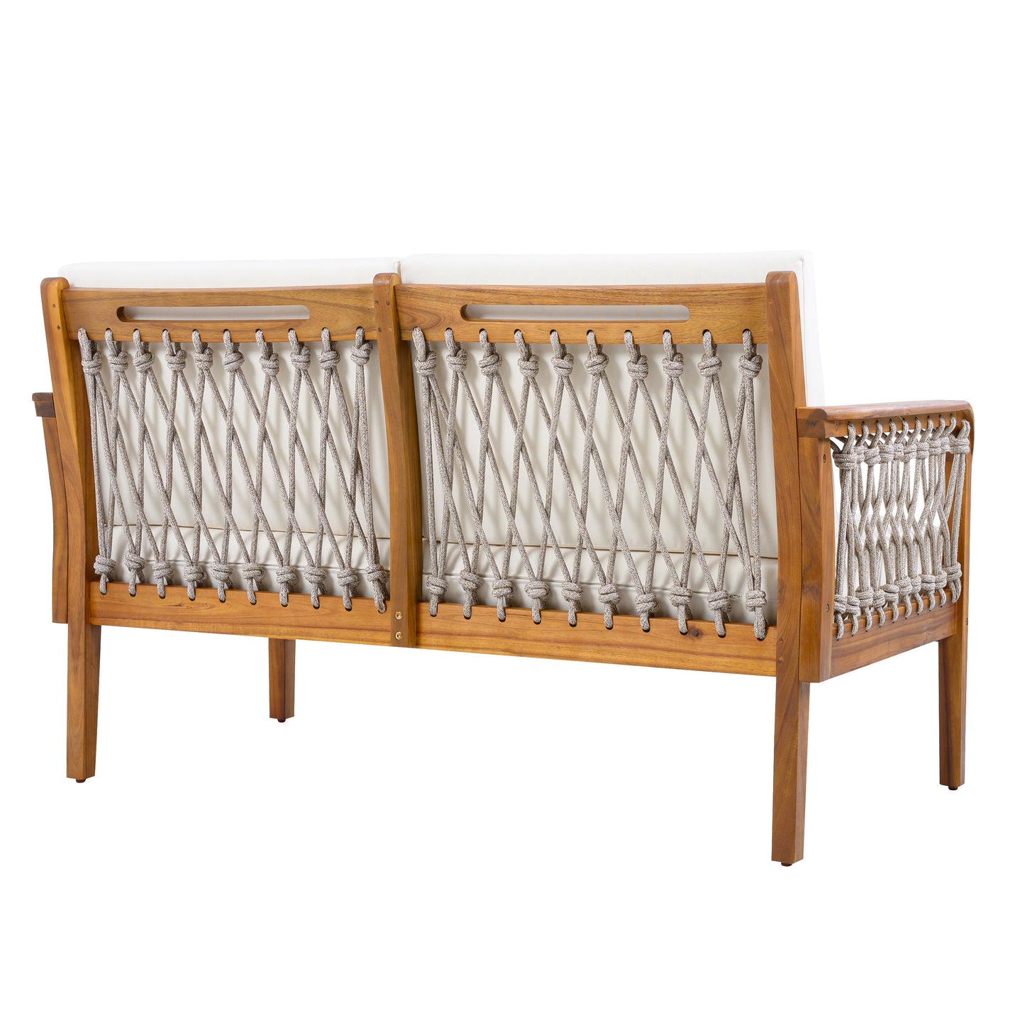 Outdoor Acacia Wood Loveseat & Coffee Table Set with Handwoven Rope, Teak Finish