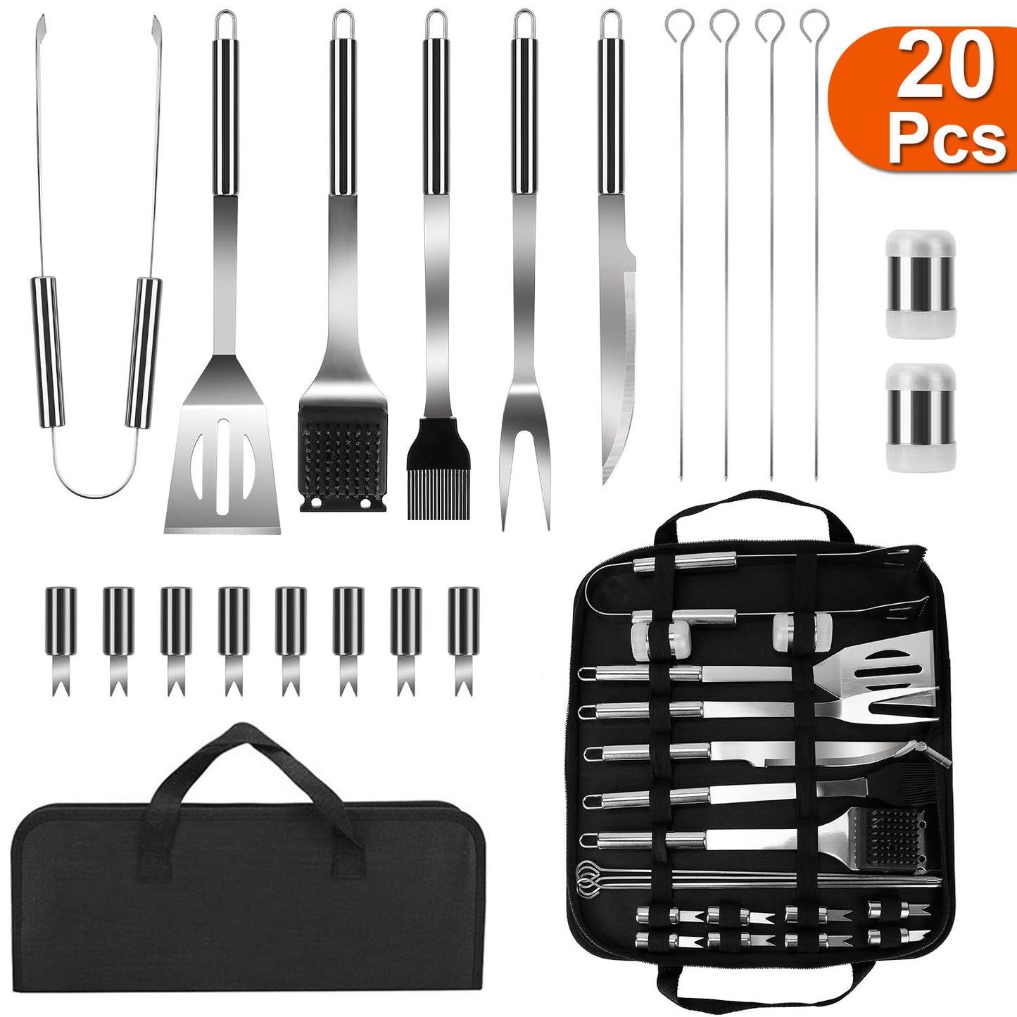 Stainless Steel BBQ Grill Tool Kit Grilling Utensil Accessories w/ Spatula Tongs Fork Knife_x000B__x000B_Brush Pepper Salt Shaker Bottle Grilled Skewers Corn Need