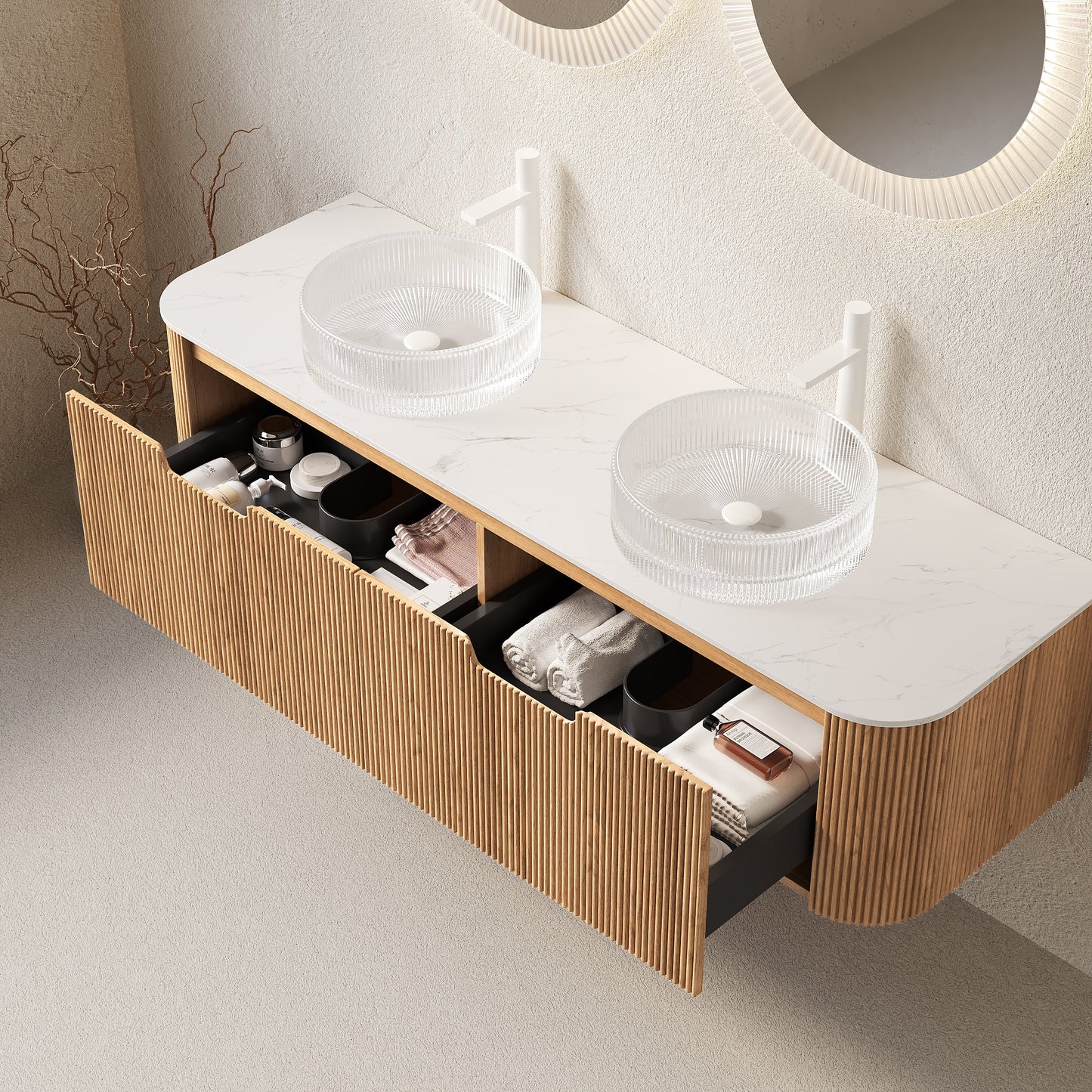 DINA 60" Bathroom Vanity with Floating Curved Edges and Glass Basins