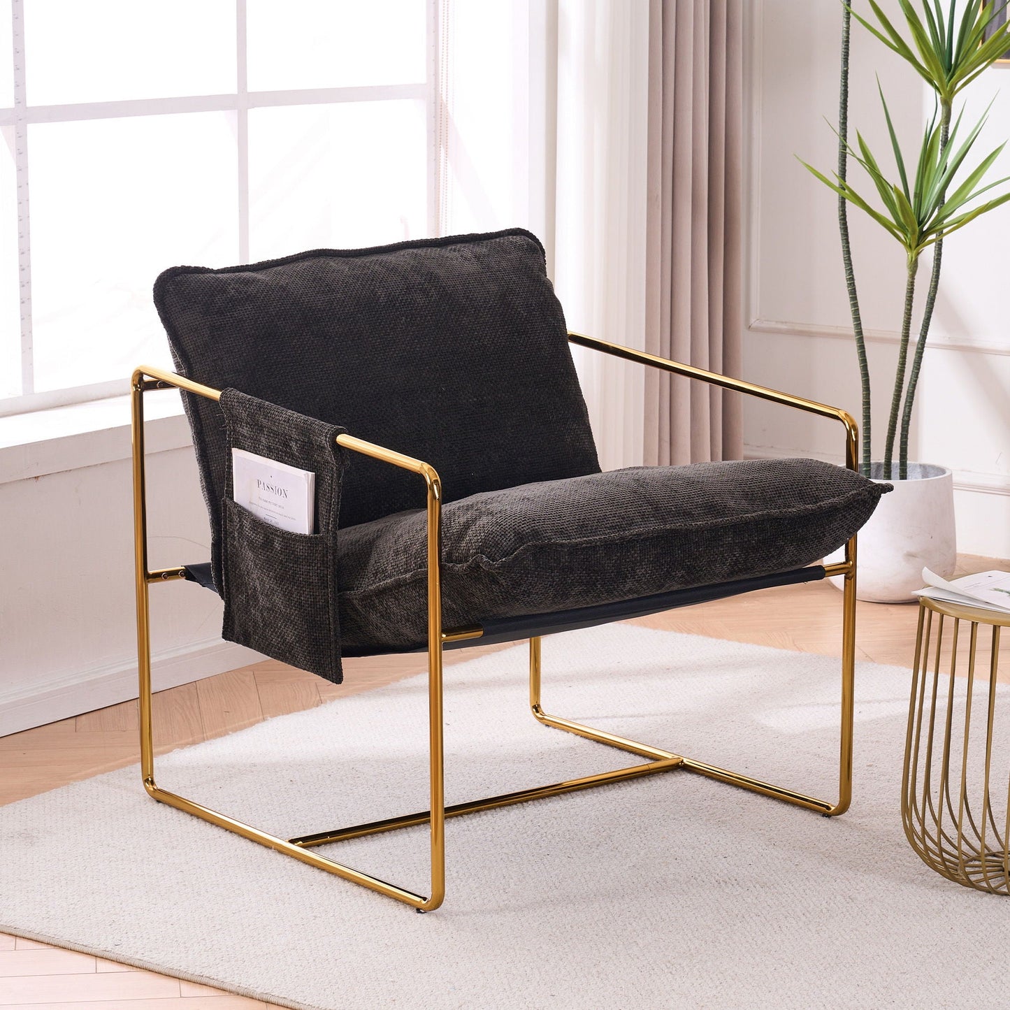 Upholstered Hanging Armchair With Arm Pocketsmetal Frame (Set of 2), Plated Craftsmanship, Crushed Foam Cushions And Skin-Friendly Woven Fabric For Living Room And Bedroom