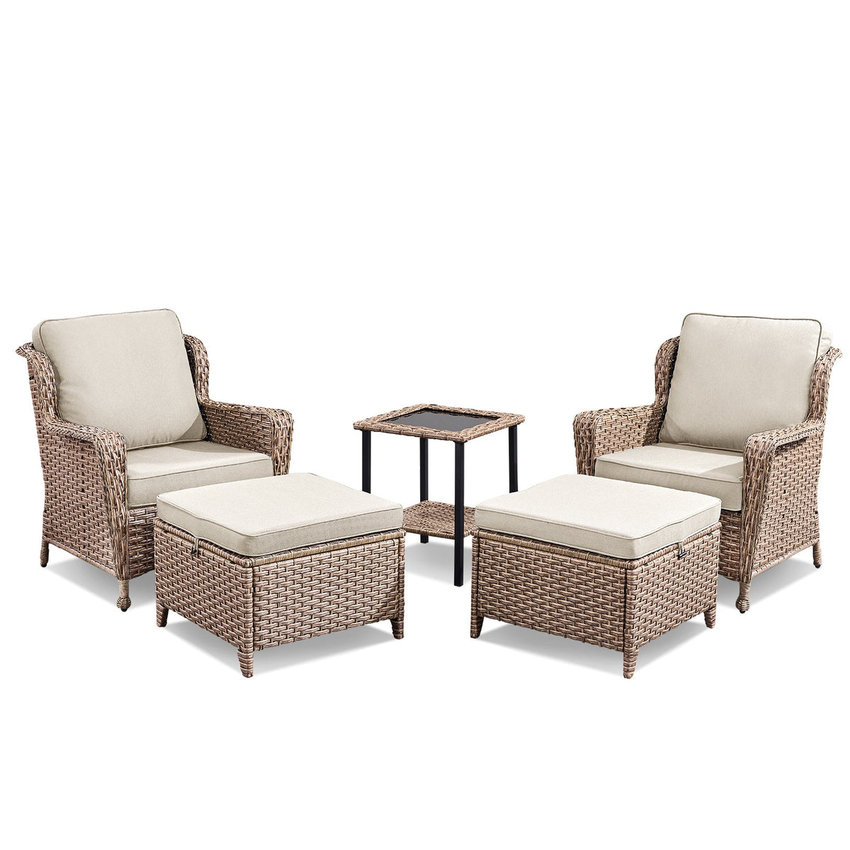 5-Piece Outdoor Lounge Chairs Set with Side Table and Ottomans